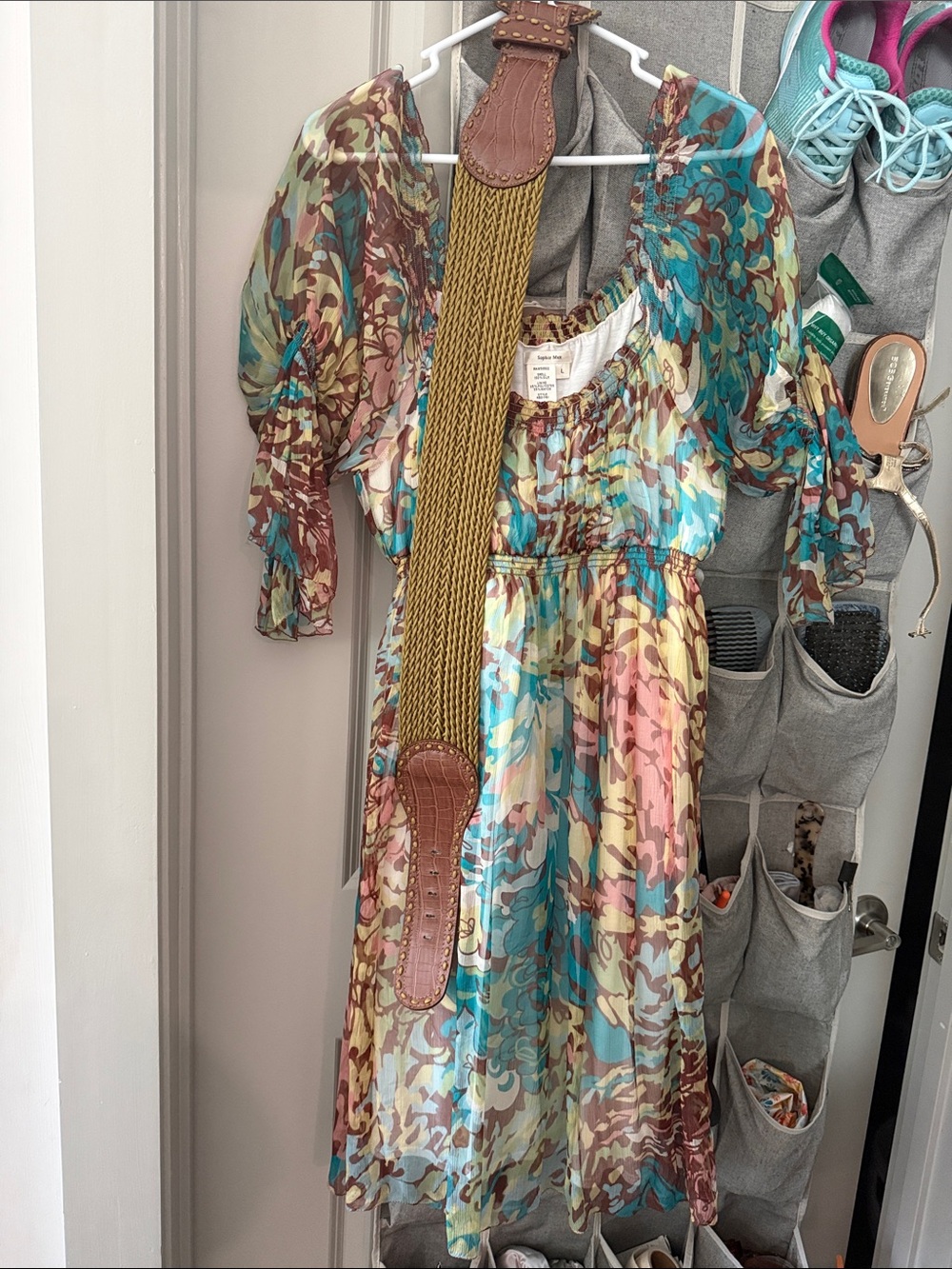 Boho Floral Puff-Sleeve Midi Dress in Multi-Color